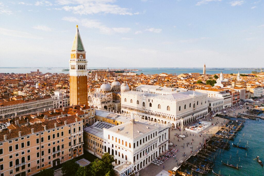 Aerial view over St Mark's square and city of Venice at sunset