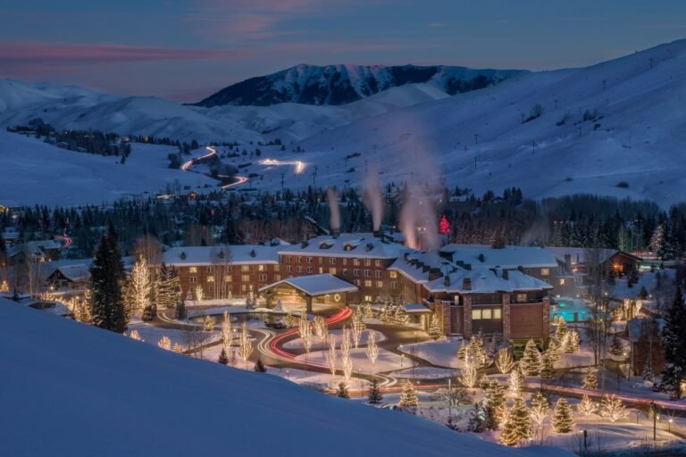 Outdoor Christmas decorations at snow-covered ski lodge